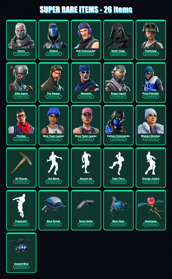 [PS4/PS5/XBOX/PC] | Havoc | Sultura | Sub Commander | Darth Vader | Trailblazer | 120 skin | 122 pickaxe | 119 emote | 89 glider | Lv1077