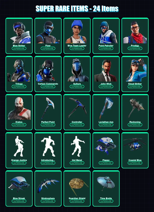 [PS4/PS5/XBOX/PC] | Blue Striker | Fixer | Blue Team Leader | Point Patroller | Prodigy | 264 skin | 242 pickaxe | 190 emote | 215 glider | Lv3111