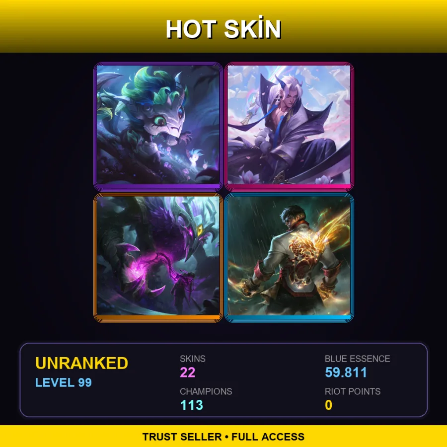 VN | Elderwood Gnar | Spirit Blossom Yone | Old God Nocturne | Dragon Fist Lee Sin | 22 Skin | 113 Champ | Lv99