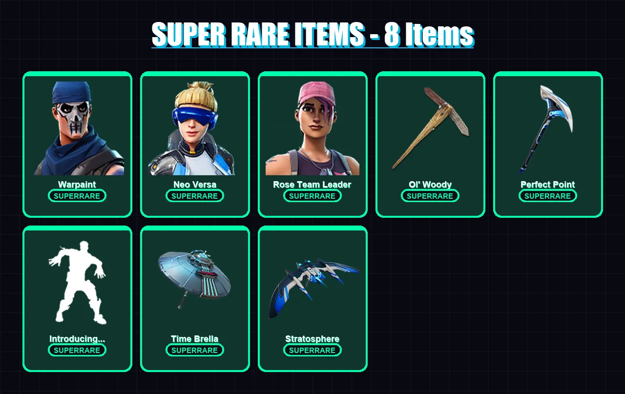 [PC/XBOX/PSN] | Warpaint | Neo Versa | Rose Team Leader | Sorana | Spectra Knight | 123 skin | 134 pickaxe | 137 emote | 113 glider | Lv2137