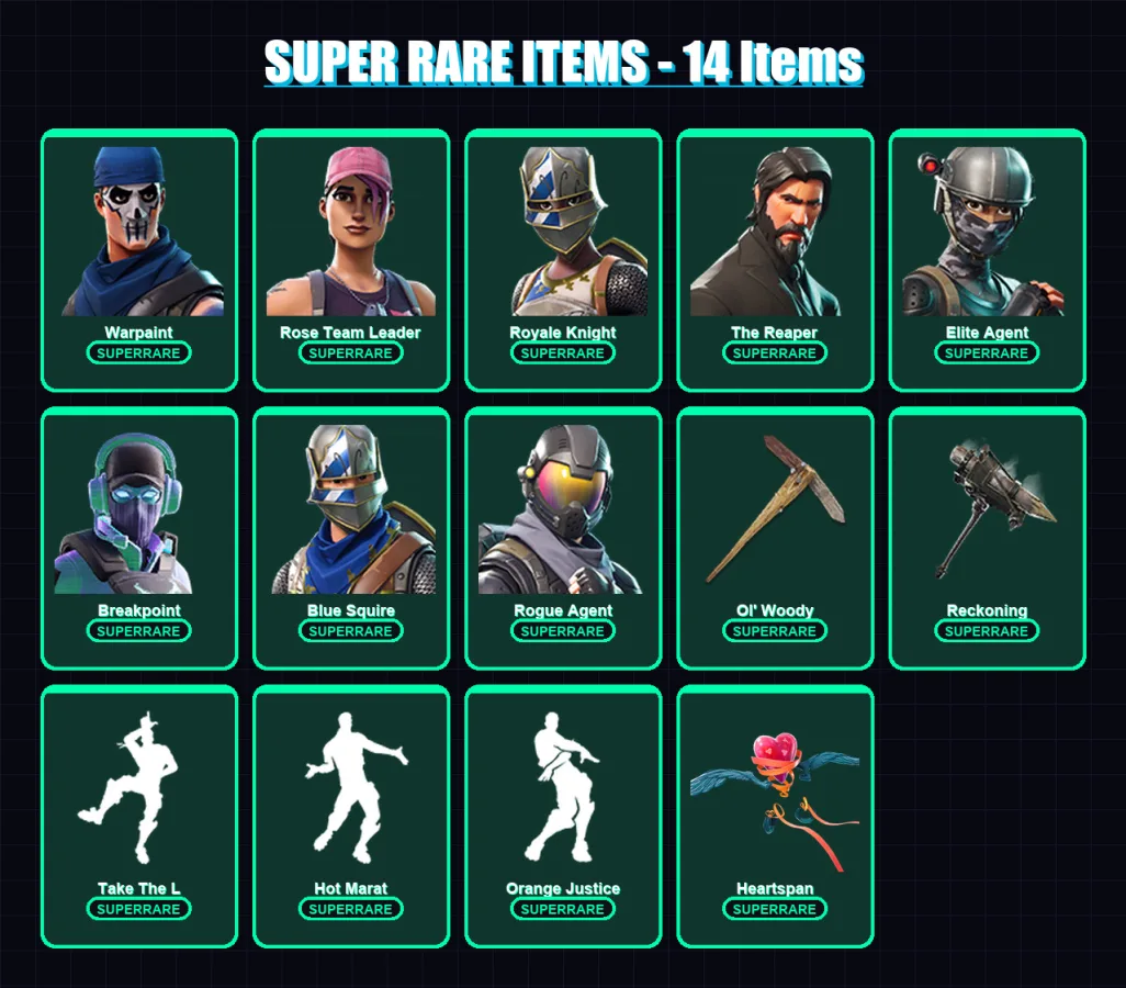 [PC/XBOX/PSN] | Warpaint | Rose Team Leader | Royale Knight | The Reaper | Elite Agent | 70 skin | 40 pickaxe | 63 emote | 49 glider | Lv570