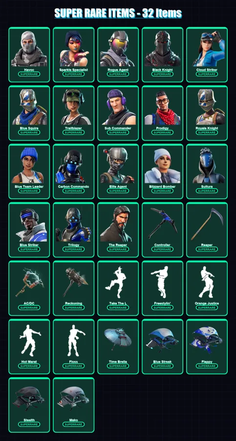 [PS4/PS5/XBOX/PC] | Havoc | Sparkle Specialist | Rogue Agent | Black Knight | Cloud Striker | 107 skin | 124 pickaxe | 95 emote | 99 glider | Lv2140