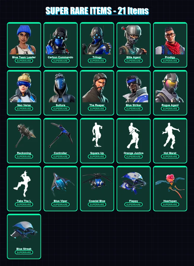 [PS4/PS5/XBOX/PC] | Blue Team Leader | Carbon Commando | Trilogy | Elite Agent | Prodigy | 71 skin | 47 pickaxe | 67 emote | 64 glider | Lv657