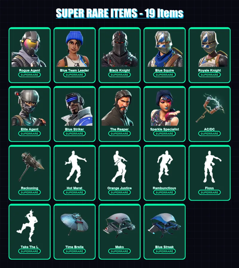 [PC/XBOX/PSN] | Rogue Agent | Blue Team Leader | Black Knight | Blue Squire | Royale Knight | 71 skin | 38 pickaxe | 51 emote | 30 glider | Lv457