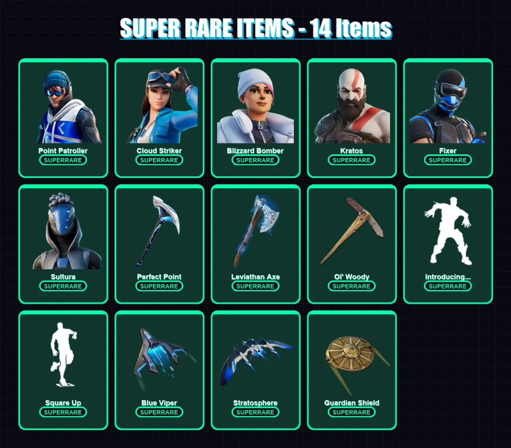 [PS4/PS5/XBOX/PC] | Point Patroller | Cloud Striker | Blizzard Bomber | Kratos | Fixer | 85 skin | 114 pickaxe | 81 emote | 87 glider | Lv1389