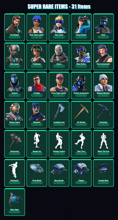 [PC/XBOX] | The Reaper | Blue Team Leader | Neo Versa | Cloud Striker | Fixer | 262 skin | 262 pickaxe | 231 emote | 206 glider | Lv2455