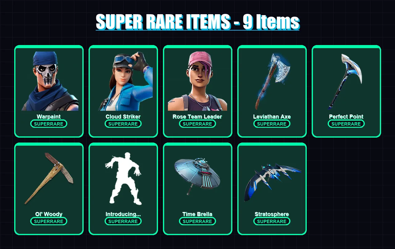 [PC] | Warpaint | Cloud Striker | Rose Team Leader | Predator | Sorana | 86 skin | 119 pickaxe | 90 emote | 99 glider | Lv1290