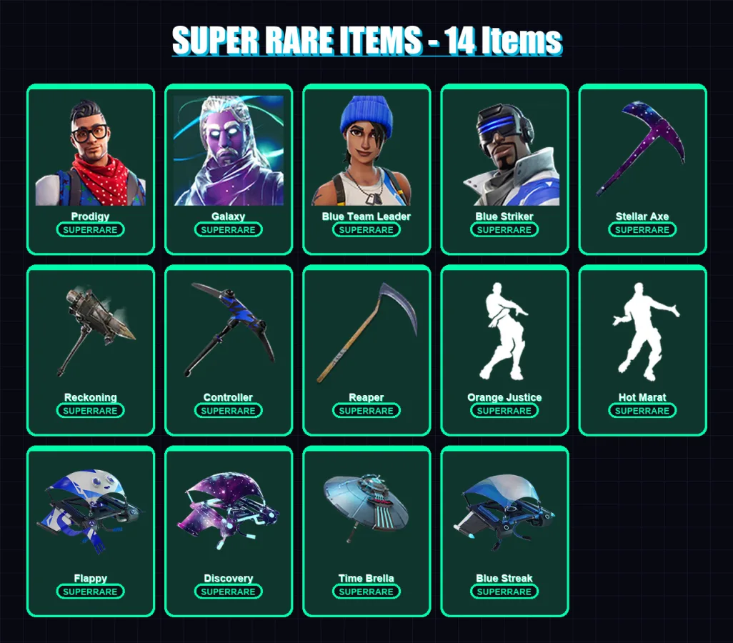 [PS4/PS5/XBOX/PC] | Prodigy | Galaxy | Blue Team Leader | Blue Striker | Enforcer | 64 skin | 83 pickaxe | 71 emote | 82 glider | Lv1404