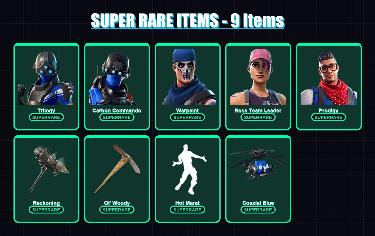 [PC/PSN] | Trilogy | Carbon Commando | Warpaint | Rose Team Leader | Prodigy | 62 skin | 77 pickaxe | 80 emote | 64 glider | Lv801