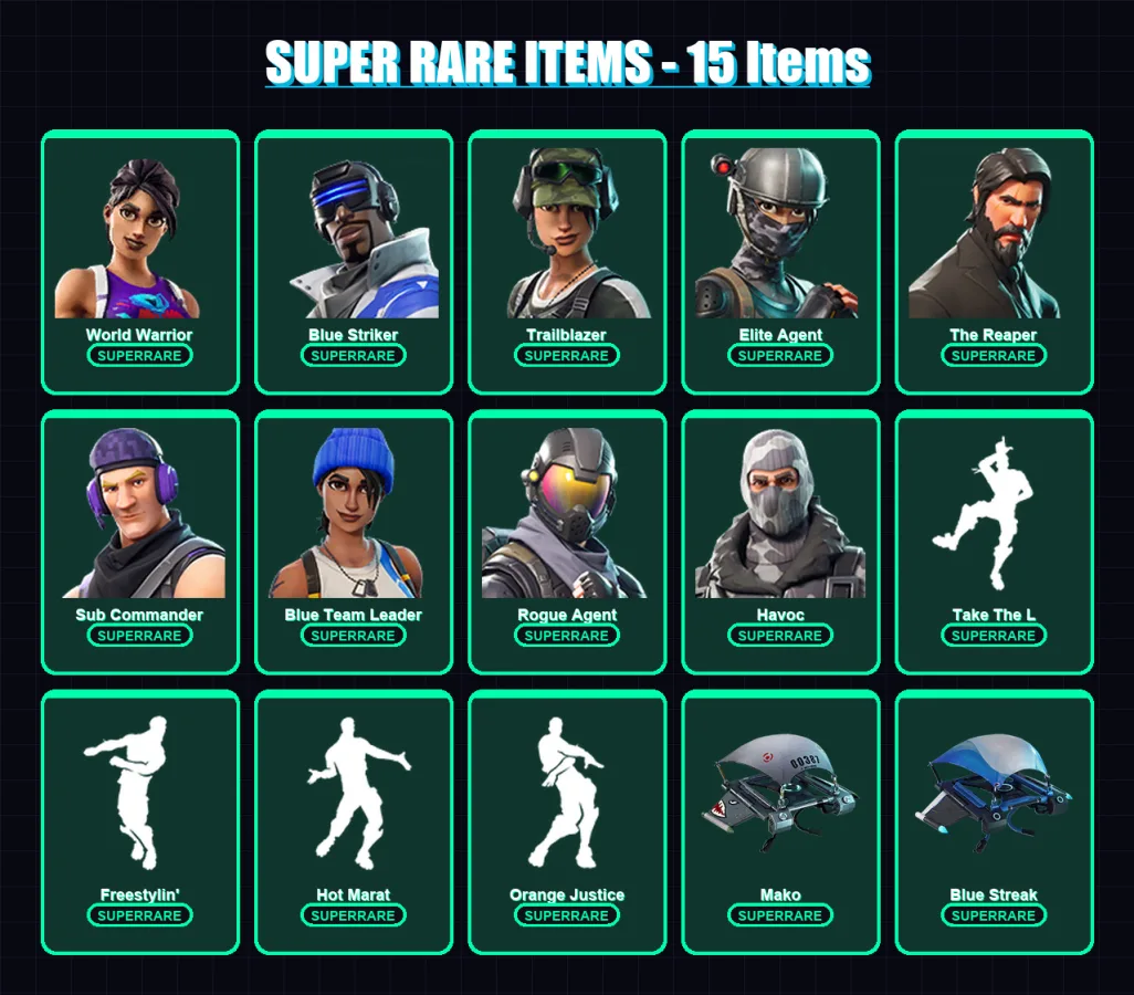 [PC/XBOX/PSN] | World Warrior | Blue Striker | Trailblazer | Elite Agent | The Reaper | 27 skin | 26 pickaxe | 34 emote | 38 glider | Lv649