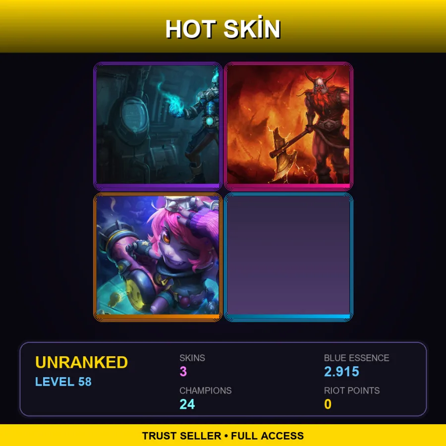 LAN | Lv58 | Unranked | 3 Skin | 24 Champ — LoL account