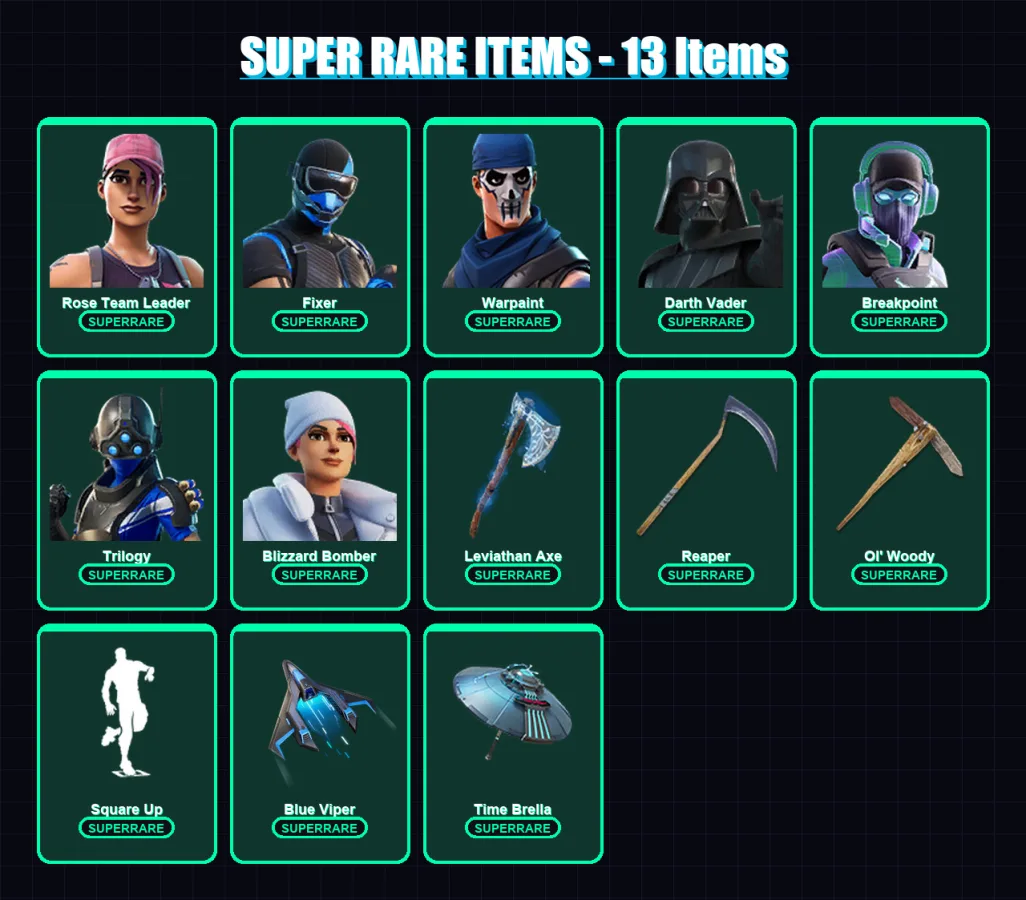 [PS4/PS5/XBOX/PC] | Rose Team Leader | Fixer | Warpaint | Darth Vader | Breakpoint | 305 skin | 326 pickaxe | 237 emote | 241 glider | Lv4241