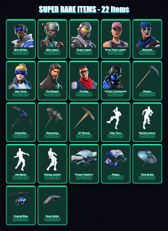 [PC/XBOX/PSN] | Blue Striker | Elite Agent | Rogue Agent | Rose Team Leader | Warpaint | 124 skin | 109 pickaxe | 166 emote | 106 glider | Lv1347