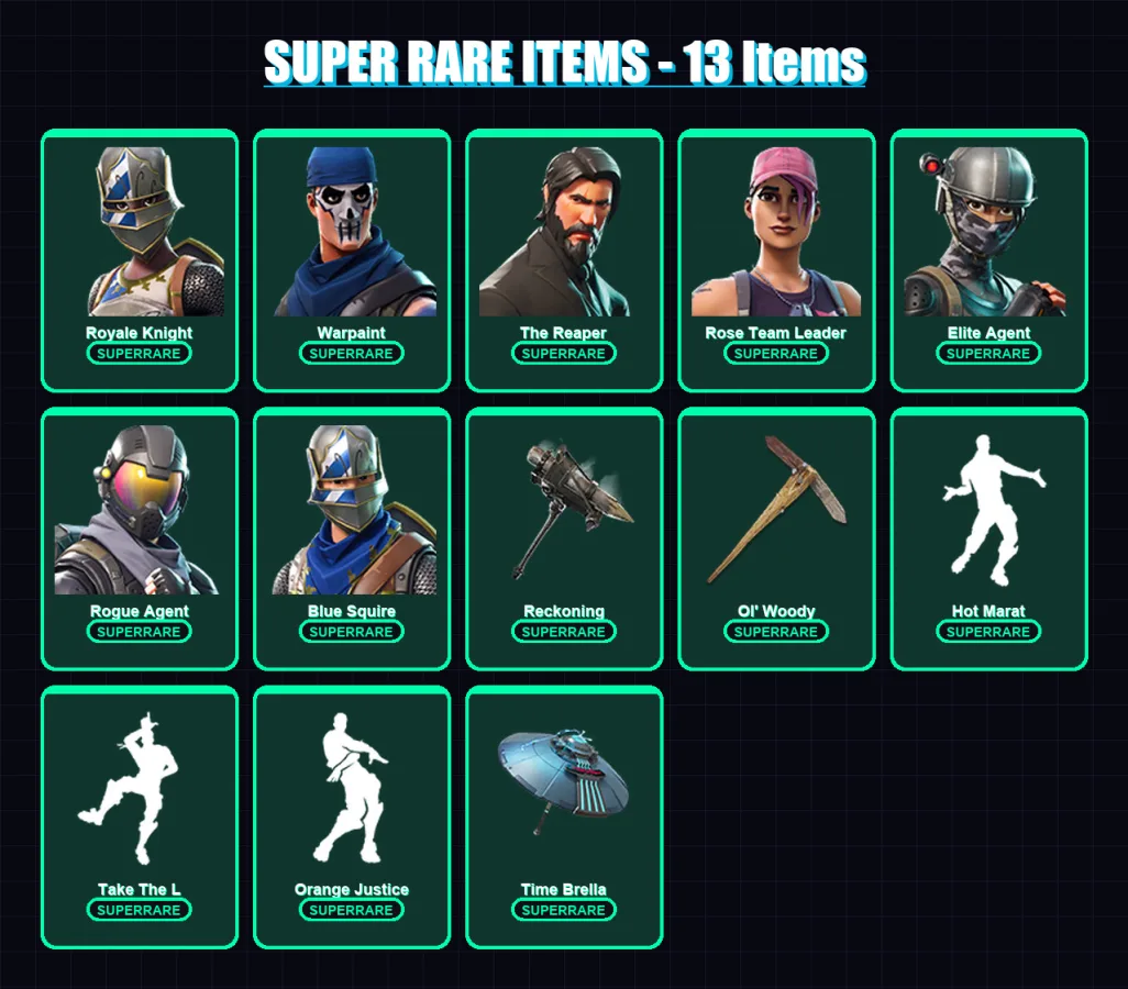 [PC] | Royale Knight | Warpaint | The Reaper | Rose Team Leader | Elite Agent | 169 skin | 166 pickaxe | 161 emote | 145 glider | Lv1527