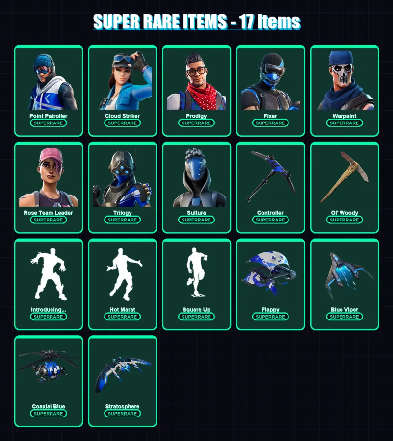 [PC] | Point Patroller | Cloud Striker | Prodigy | Fixer | Warpaint | 134 skin | 143 pickaxe | 111 emote | 99 glider | Lv1196