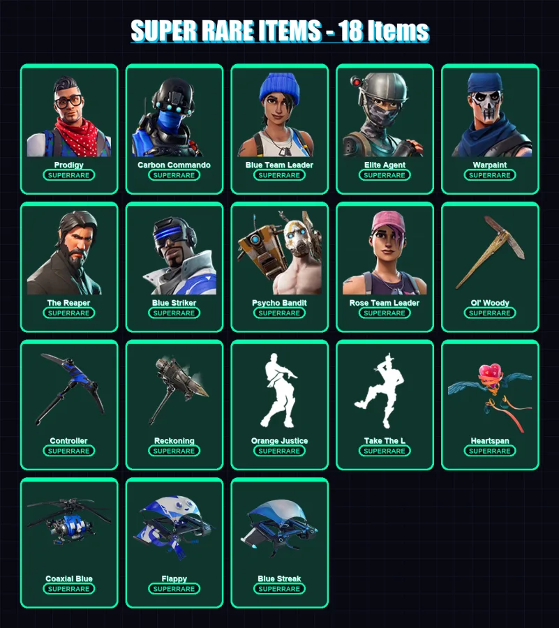 [PC/XBOX] | Prodigy | Carbon Commando | Blue Team Leader | Elite Agent | Warpaint | 62 skin | 44 pickaxe | 43 emote | 51 glider | Lv513
