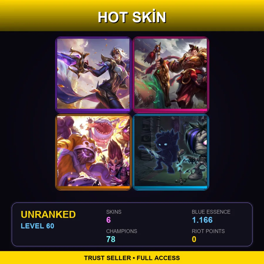 SG | Lv60 | Unranked | 6 Skin | 78 Champ — LoL account