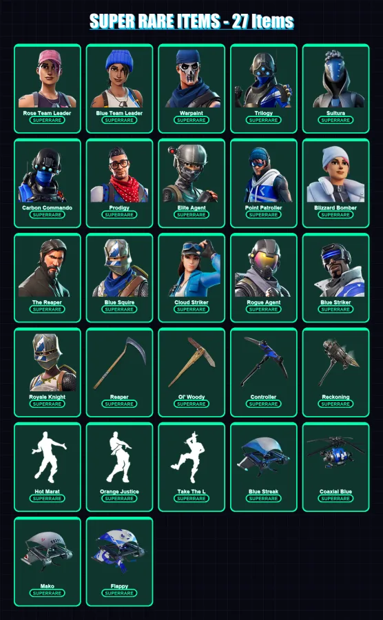 [PC/XBOX/PSN] | Rose Team Leader | Blue Team Leader | Warpaint | Trilogy | Sultura | 125 skin | 121 pickaxe | 122 emote | 125 glider | Lv1608