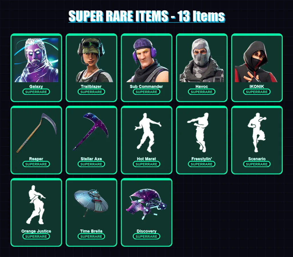 [PC/XBOX/PSN] | Galaxy | Trailblazer | Sub Commander | Havoc | IKONIK | 21 skin | 26 pickaxe | 37 emote | 31 glider | Lv426