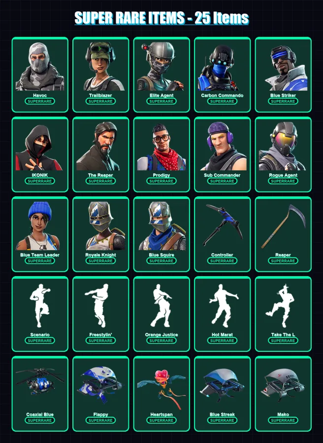 [PS4/PS5/XBOX/PC] | Havoc | Trailblazer | Elite Agent | Carbon Commando | Blue Striker | 69 skin | 46 pickaxe | 50 emote | 44 glider | Lv459