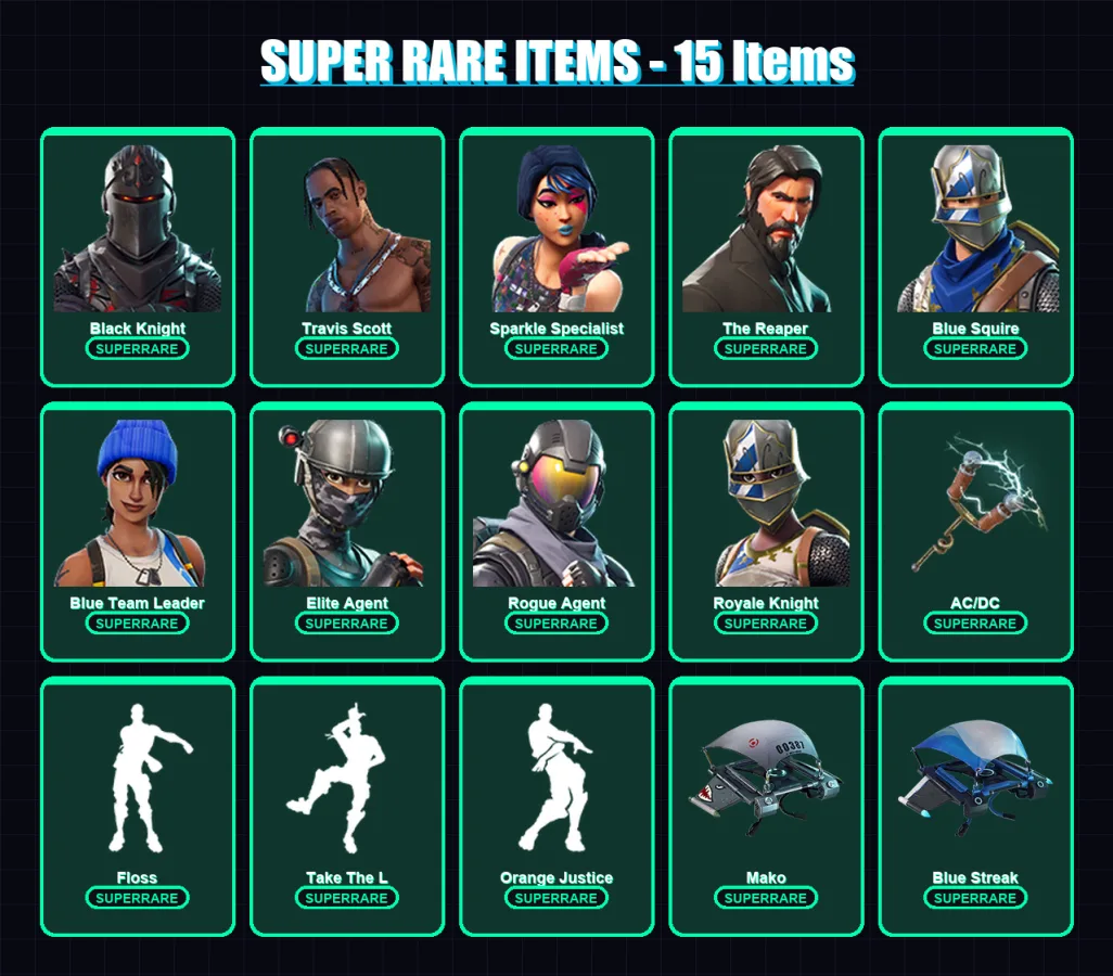 [PS4/PS5/XBOX/PC] | Black Knight | Travis Scott | Sparkle Specialist | The Reaper | Blue Squire | 52 skin | 34 pickaxe | 40 emote | 39 glider | Lv55