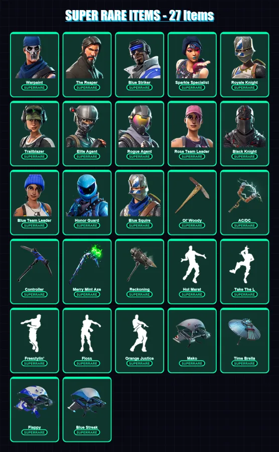[PS4/PS5/XBOX/PC] | Warpaint | The Reaper | Blue Striker | Sparkle Specialist | Royale Knight | 76 skin | 108 pickaxe | 83 emote | 104 glider | Lv15