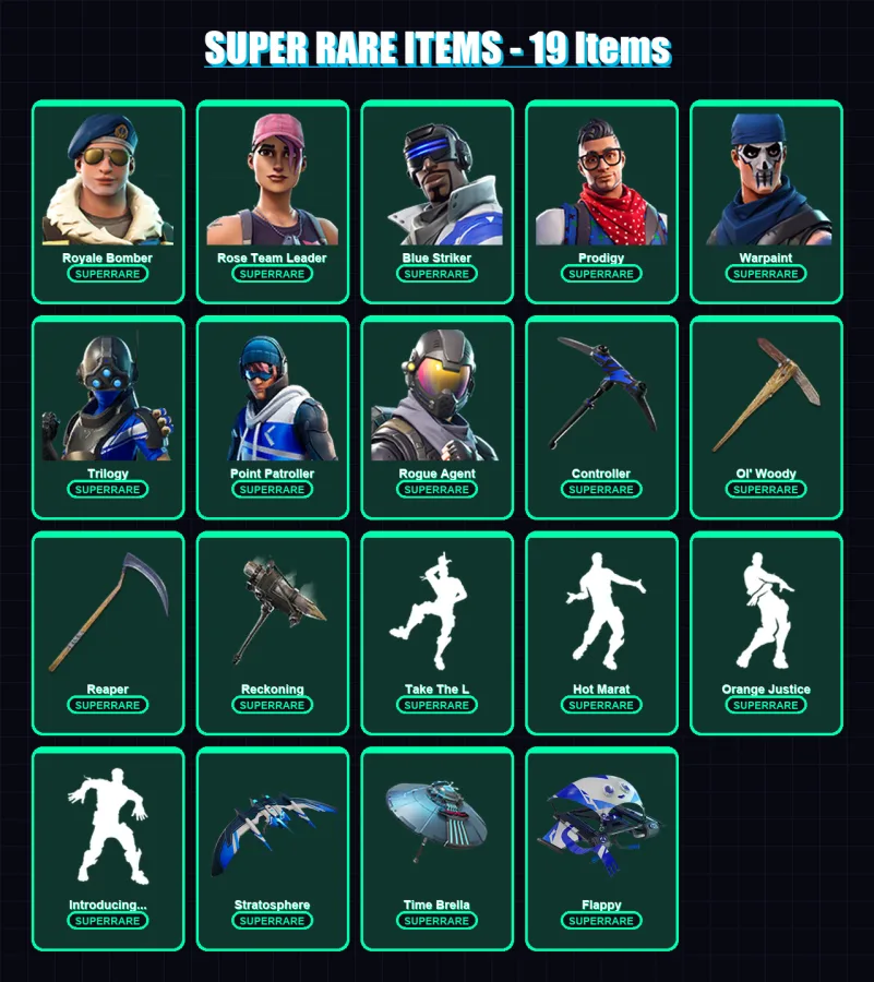 [PS4/PS5/XBOX/PC] | Royale Bomber | Rose Team Leader | Blue Striker | Prodigy | Warpaint | 94 skin | 111 pickaxe | 132 emote | 115 glider | Lv1636