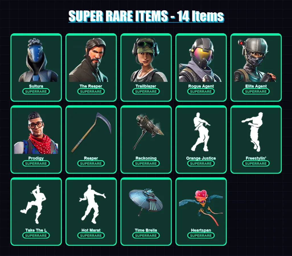 [PS4/PS5/XBOX/PC] | Sultura | The Reaper | Trailblazer | Rogue Agent | Elite Agent | 86 skin | 92 pickaxe | 88 emote | 88 glider | Lv1125