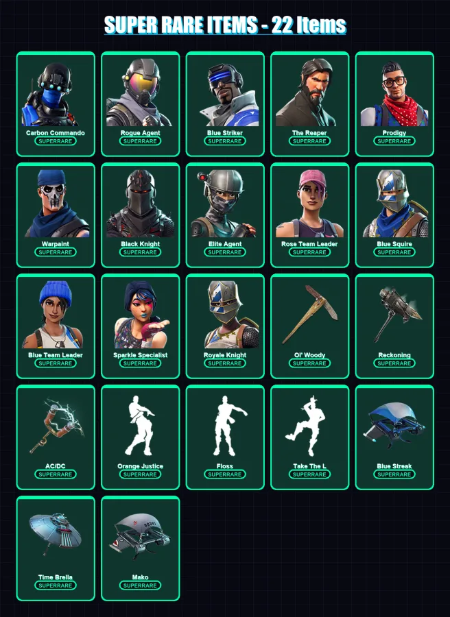 [PS4/PS5/XBOX/PC] | Carbon Commando | Rogue Agent | Blue Striker | The Reaper | Prodigy | 127 skin | 93 pickaxe | 115 emote | 100 glider | Lv1121