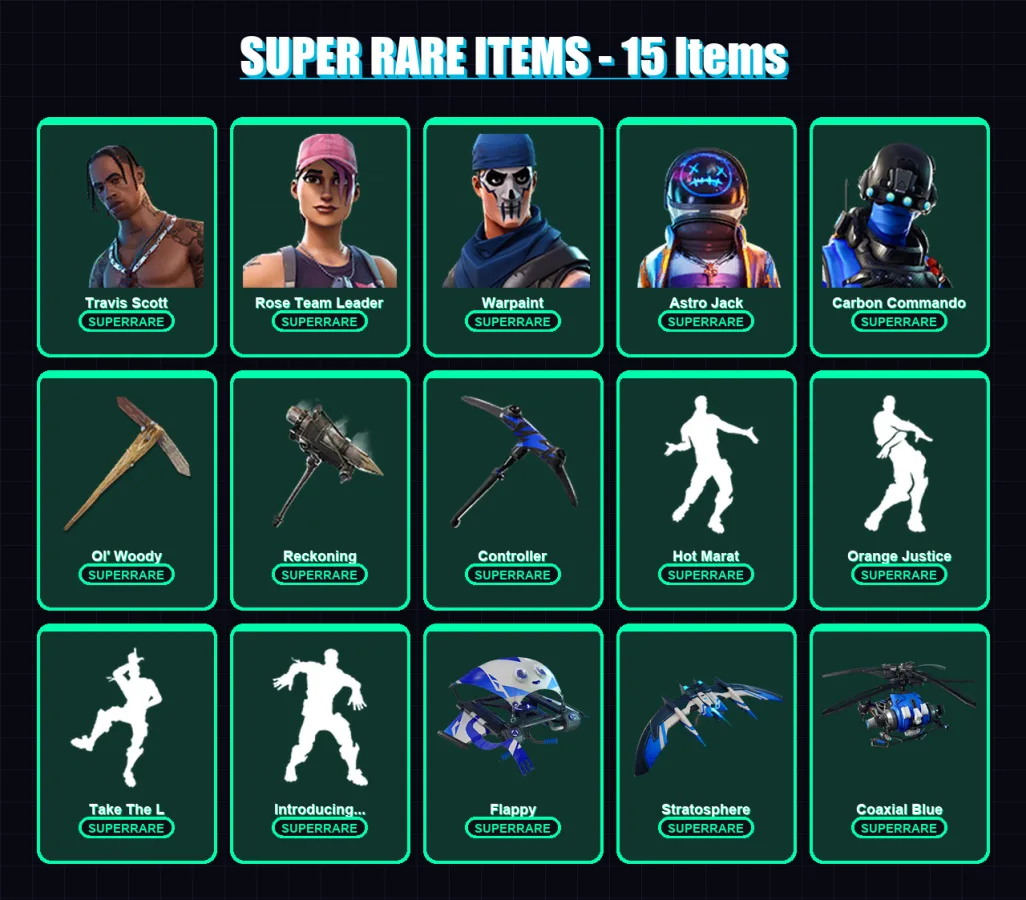 [PS4/PS5/XBOX/PC] | Skull Trooper  | Travis Scott | Rose Team Leader | Warpaint | Astro Jack | 62 skin | 47 pickaxe | 69 emote | 51 glider | Lv592