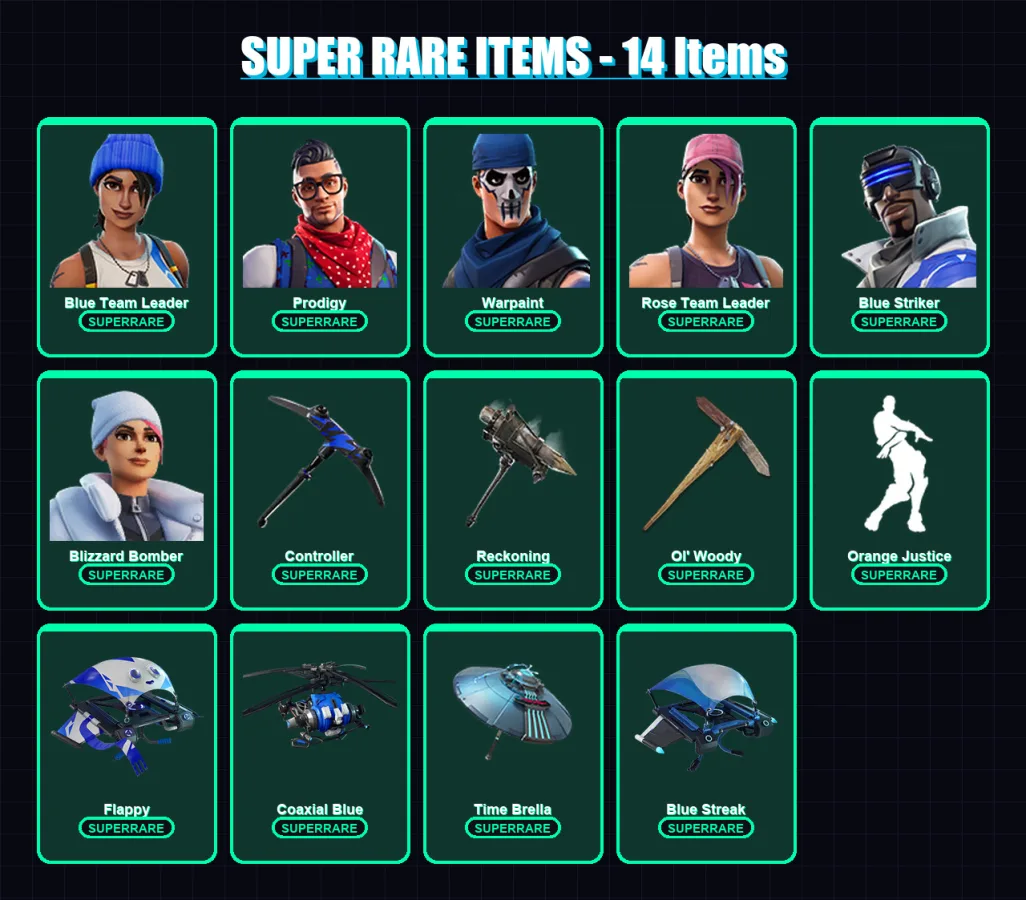 [PS4/PS5/XBOX/PC] | Blue Team Leader | Prodigy | Warpaint | Rose Team Leader | Blue Striker | 87 skin | 95 pickaxe | 95 emote | 73 glider | Lv2089
