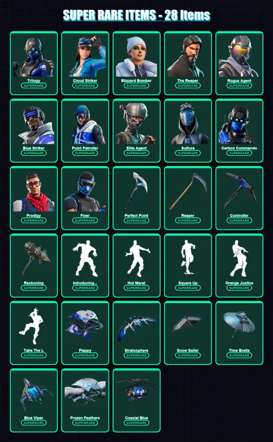 [PS4/PS5/XBOX/PC] | Trilogy | Cloud Striker | Blizzard Bomber | The Reaper | Rogue Agent | 123 skin | 151 pickaxe | 123 emote | 107 glider | Lv1165