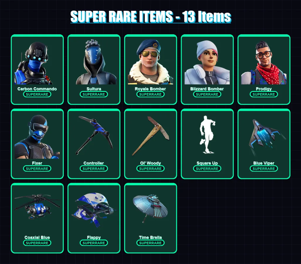 [PS4/PS5/XBOX/PC] | Carbon Commando | Sultura | Royale Bomber | Blizzard Bomber | Prodigy | 104 skin | 126 pickaxe | 112 emote | 112 glider | Lv1465