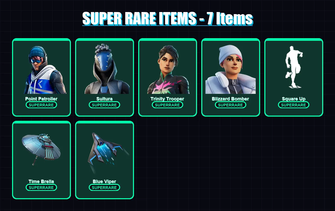 [PS4/PS5/XBOX/PC] | Point Patroller | Sultura | Trinity Trooper | Blizzard Bomber | Midas | 85 skin | 141 pickaxe | 110 emote | 115 glider | Lv3055