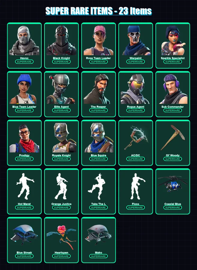 [PS4/PS5/XBOX/PC] | Havoc | Black Knight | Rose Team Leader | Warpaint | Sparkle Specialist | 63 skin | 49 pickaxe | 54 emote | 51 glider | Lv613