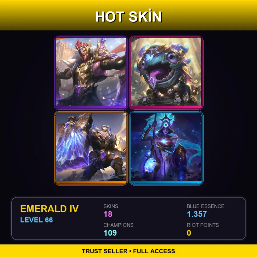 EUW | Victorious Draven | Victorious Kog'Maw | Victorious Braum | Cosmic Huntress Nidalee | 18 Skin | 109 Champ | Emerald IV | Lv66