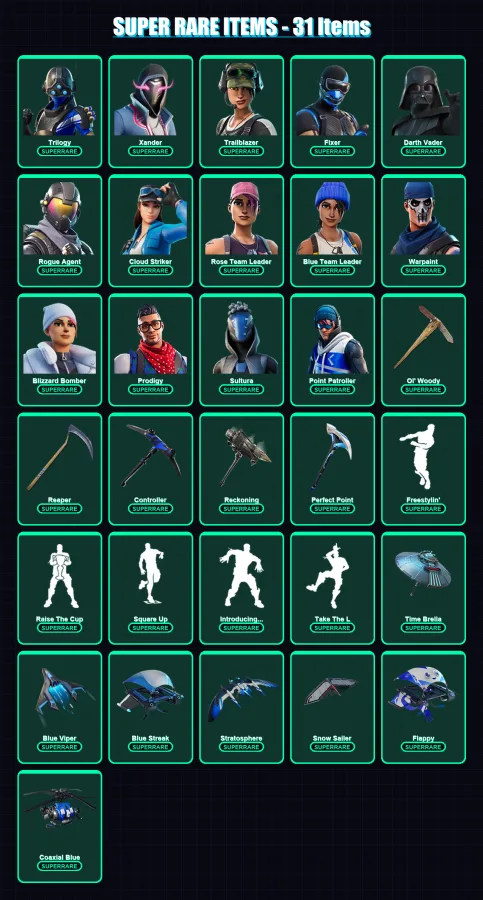 [PC/XBOX] | Trilogy | Xander | Trailblazer | Fixer | Darth Vader | 176 skin | 182 pickaxe | 251 emote | 119 glider | Lv1454