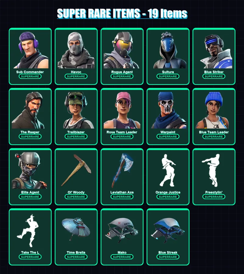 [PC/XBOX/PSN] | Sub Commander | Havoc | Rogue Agent | Sultura | Blue Striker | 32 skin | 28 pickaxe | 27 emote | 31 glider | Lv410