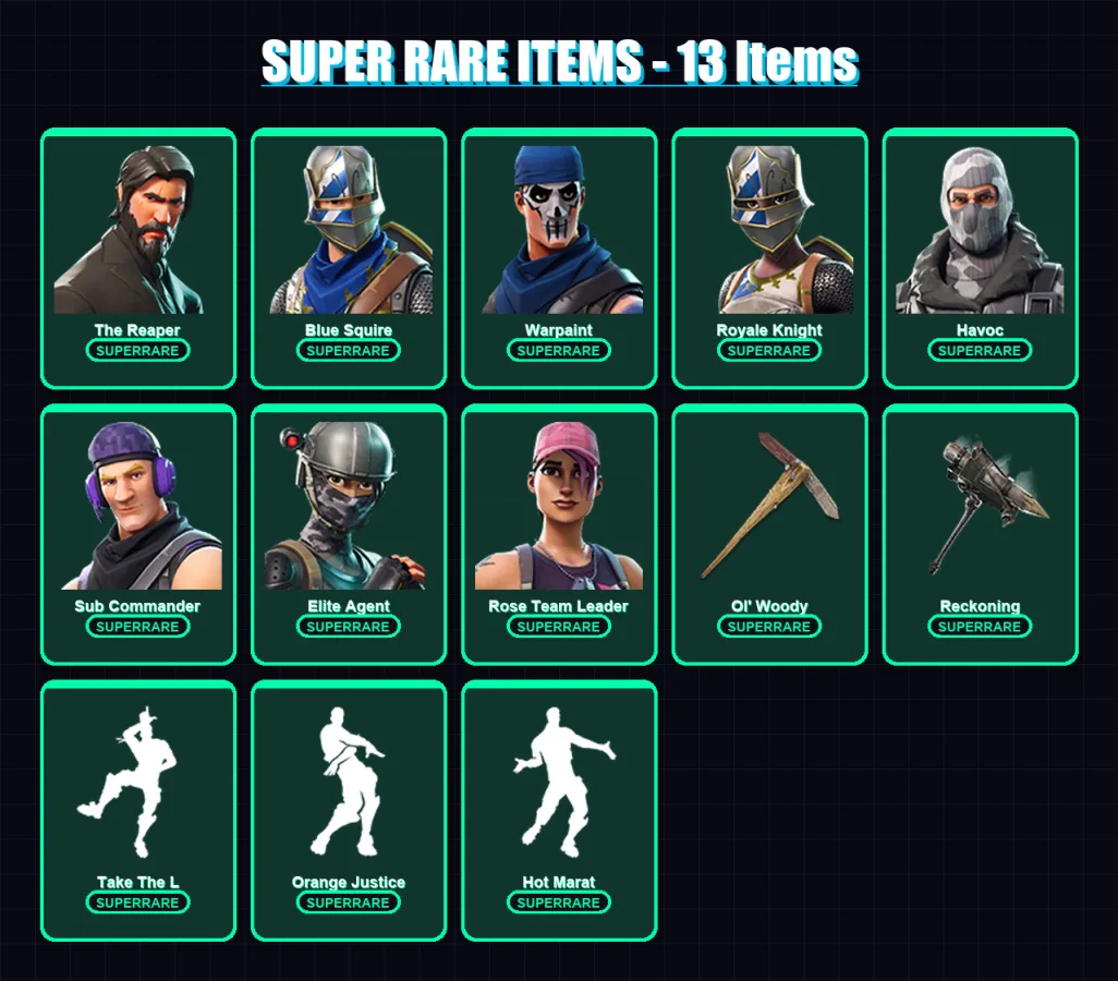 [PC] | The Reaper | Blue Squire | Warpaint | Royale Knight | Havoc | 52 skin | 44 pickaxe | 58 emote | 50 glider | Lv570