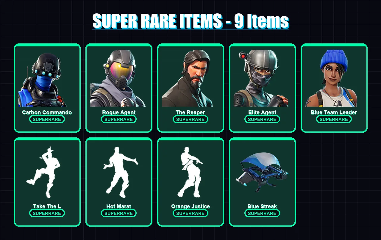 [PS4/PS5/XBOX/PC] | Carbon Commando | Rogue Agent | The Reaper | Elite Agent | Blue Team Leader | 35 skin | 30 pickaxe | 42 emote | 39 glider | Lv48