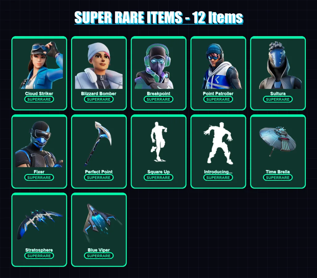 [PS4/PS5/XBOX/PC] | Cloud Striker | Blizzard Bomber | Breakpoint | Point Patroller | Sultura | 92 skin | 109 pickaxe | 89 emote | 98 glider | Lv1641
