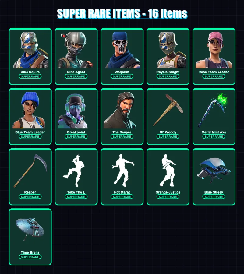 [PC] | Blue Squire | Elite Agent | Warpaint | Royale Knight | Rose Team Leader | 103 skin | 94 pickaxe | 82 emote | 83 glider | Lv1052