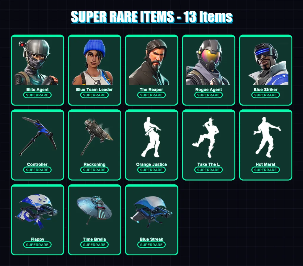 [PC/XBOX/PSN] | Elite Agent | Blue Team Leader | The Reaper | Rogue Agent | Blue Striker | 64 skin | 48 pickaxe | 49 emote | 57 glider | Lv839