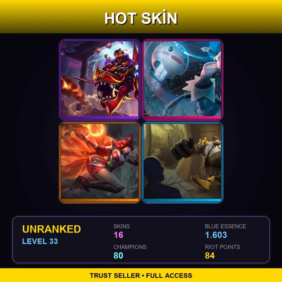 EUW | Lv33 | Unranked | 16 Skin | 80 Champ — LoL account