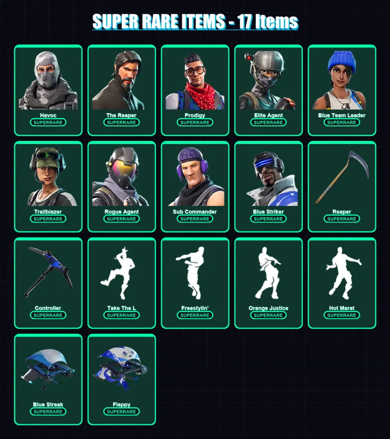 [PC/XBOX/PSN] | Havoc | The Reaper | Prodigy | Elite Agent | Blue Team Leader | 55 skin | 68 pickaxe | 77 emote | 63 glider | Lv1186
