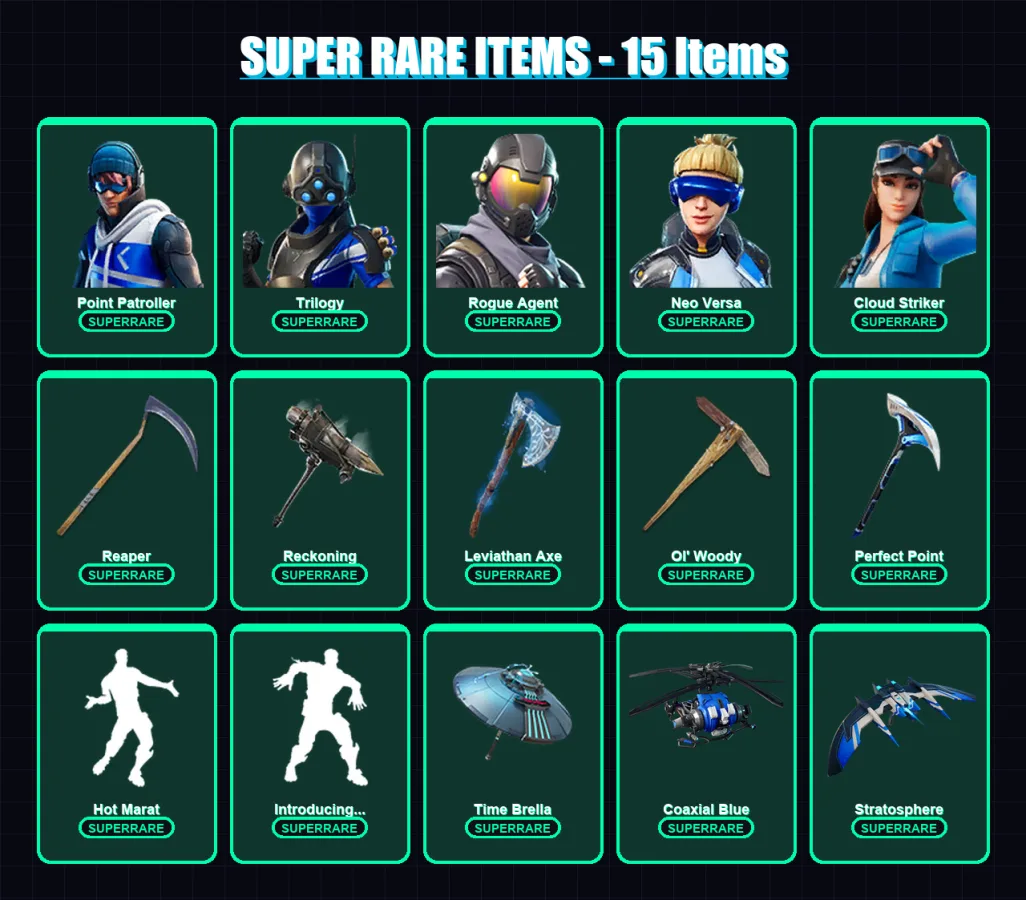 [PC/XBOX/PSN] | Point Patroller | Trilogy | Rogue Agent | Neo Versa | Cloud Striker | 232 skin | 295 pickaxe | 253 emote | 227 glider | Lv3806