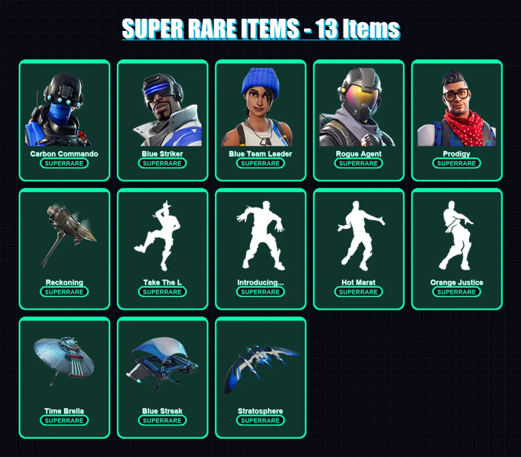 [PS4/PS5/XBOX/PC] | Carbon Commando | Blue Striker | Blue Team Leader | Rogue Agent | Prodigy | 74 skin | 111 pickaxe | 91 emote | 119 glider | Lv19