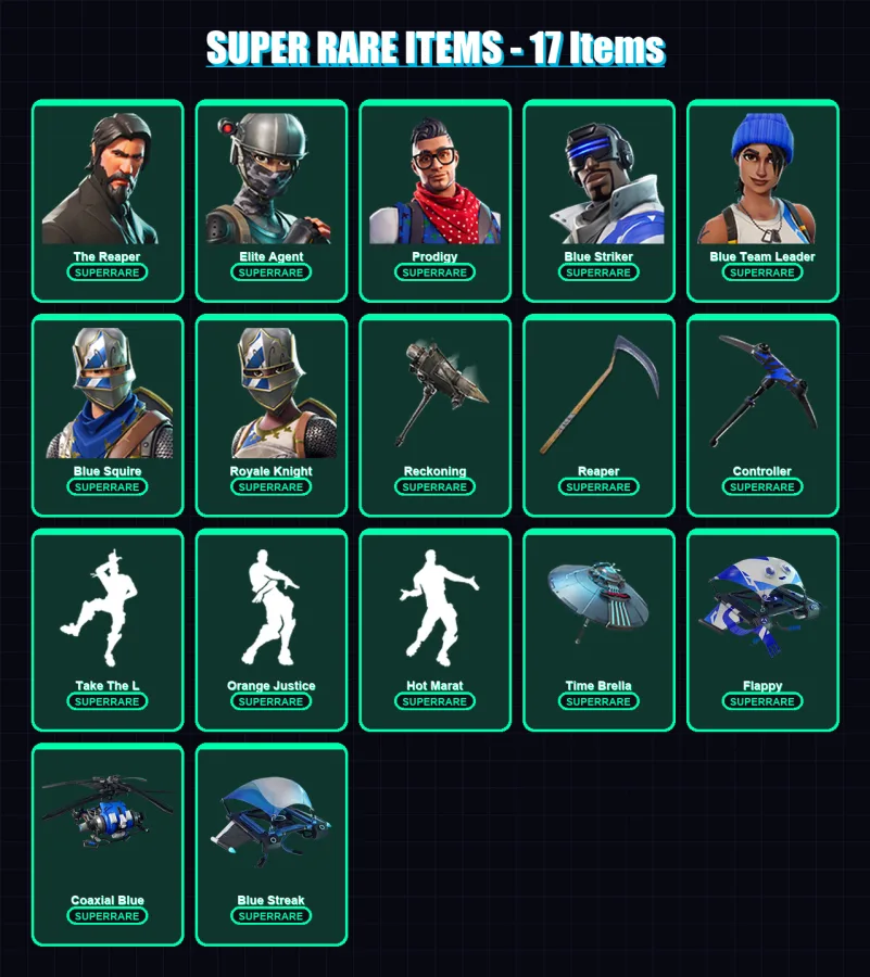 [PS4/PS5/XBOX/PC] | The Reaper | Elite Agent | Prodigy | Blue Striker | Blue Team Leader | 74 skin | 71 pickaxe | 101 emote | 78 glider | Lv1015 — Fortnite account