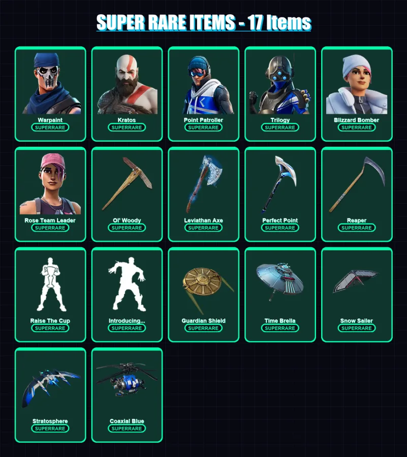 [PS4/PS5/PC] | Warpaint | Kratos | Point Patroller | Trilogy | Blizzard Bomber | 206 skin | 212 pickaxe | 212 emote | 151 glider | Lv2496