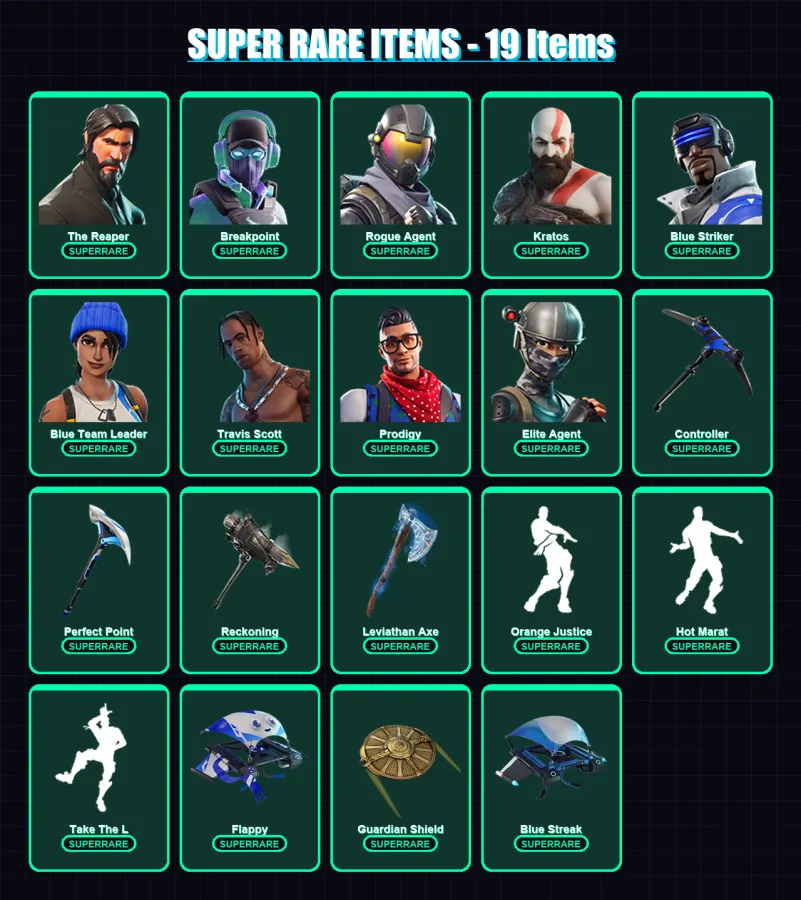 [PS4/PS5/XBOX/PC] | The Reaper | Breakpoint | Rogue Agent | Kratos | Blue Striker | 174 skin | 136 pickaxe | 105 emote | 120 glider | Lv2067